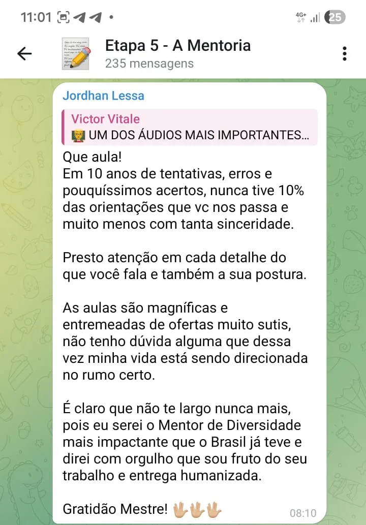 Mensagem de agradecimento de aluno no grupo